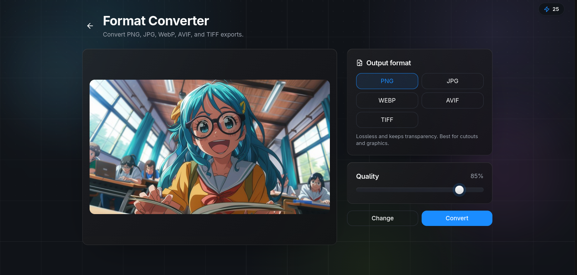 QuickBG image format converter interface showing format selection