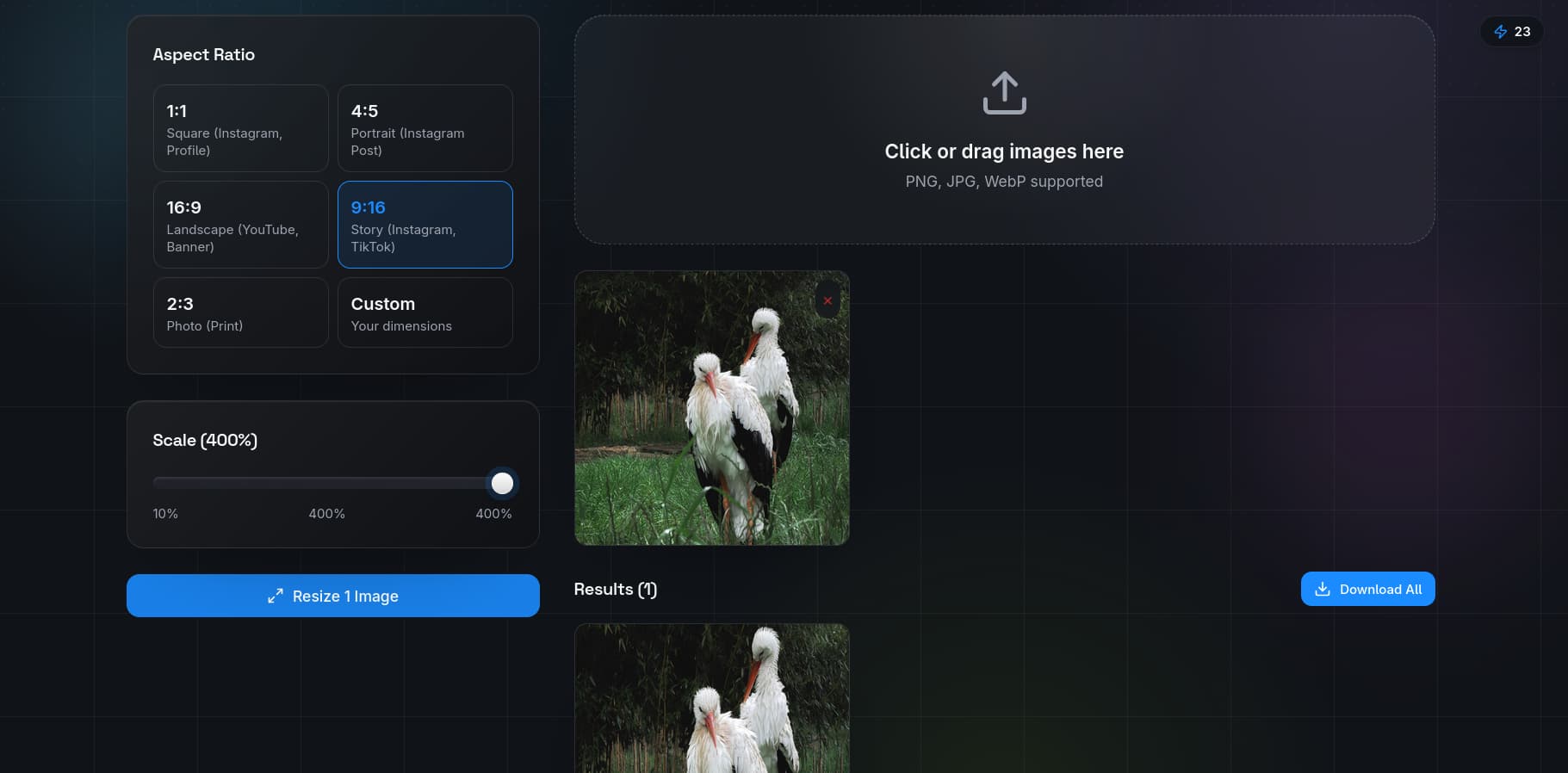 QuickBG batch resize dashboard showing image processing queue
