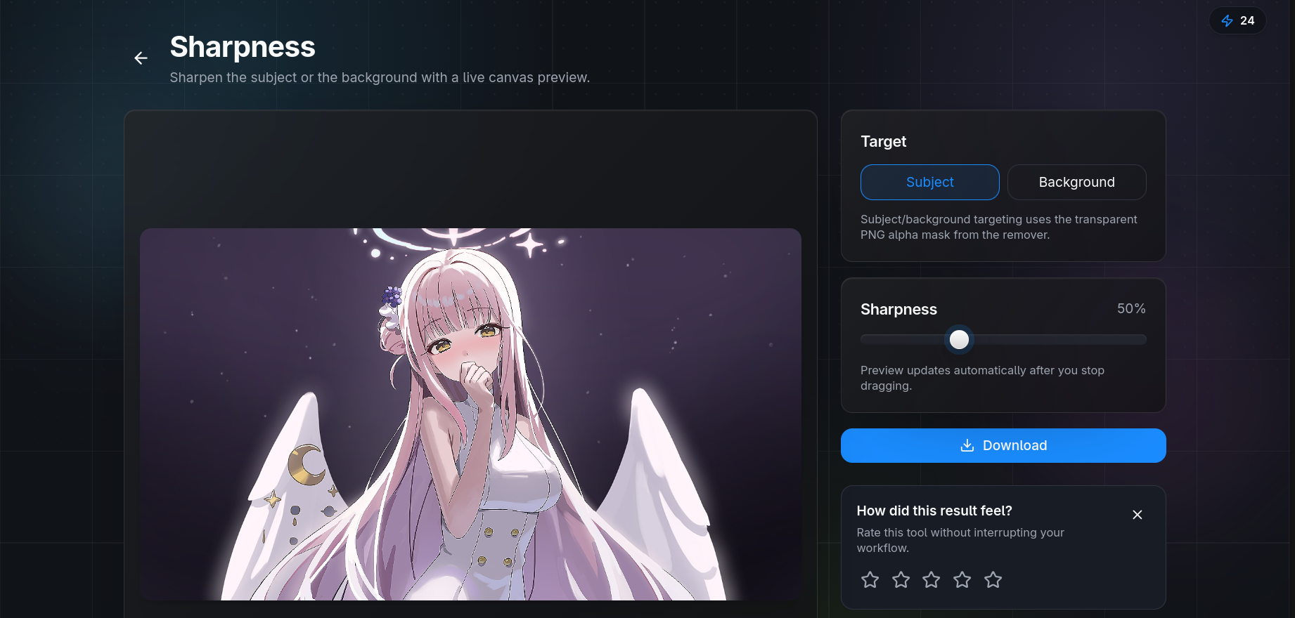 QuickBG sharpness tool interface showing before and after comparison